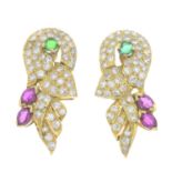 A pair of ruby, diamond and green gem earrings.Estimated total diamond weight 1.25cts.
