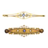 Early 20th century gold sapphire and diamond brooch, length 4.6cms, 3.7gms.