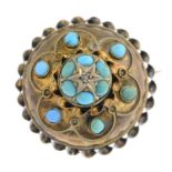 A late Victorian 15ct gold turquoise brooch, with rose-cut diamond accent.