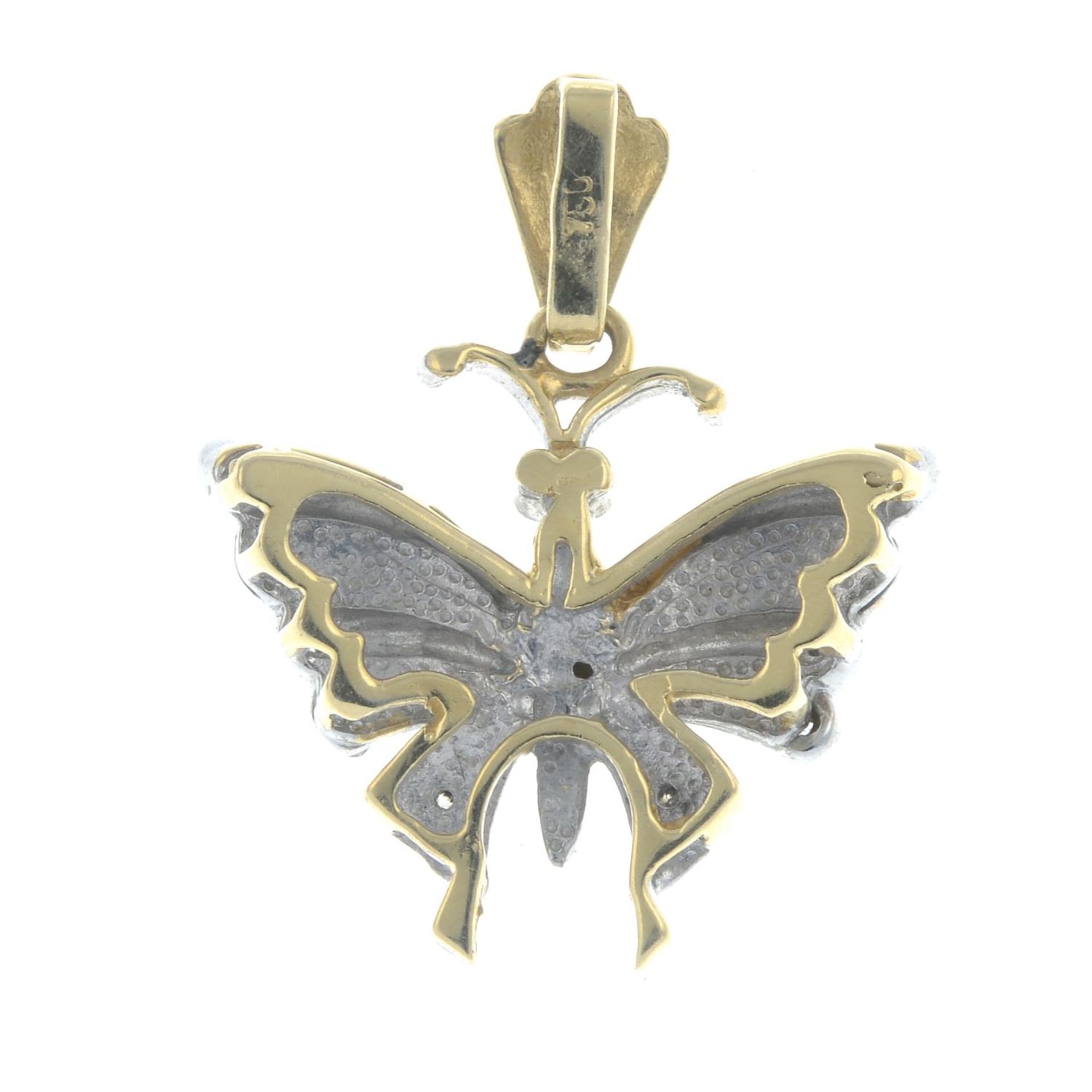 A ruby and cubic zirconia butterfly pendant, with 18ct gold chain.Pendant stamped 750. - Image 2 of 2