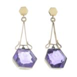 A pair of hexagonal-shape amethyst drop earrings.Length 3.9cms.