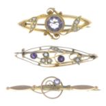 Three early 20th century 9ct gold amethyst and split pearl brooches.One with hallmarks for Chester,