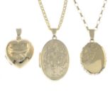 Three 9ct gold lockets and two 9ct gold chains.Hallmarks for 9ct gold.