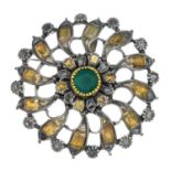 An emerald, diamond and citrine brooch.Diameter 4.6cms.