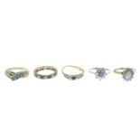 Four 9ct gold gem-set rings, one band AF, hallmarks for 9ct gold, ring sizes M1/2 to O, 7.9gms.