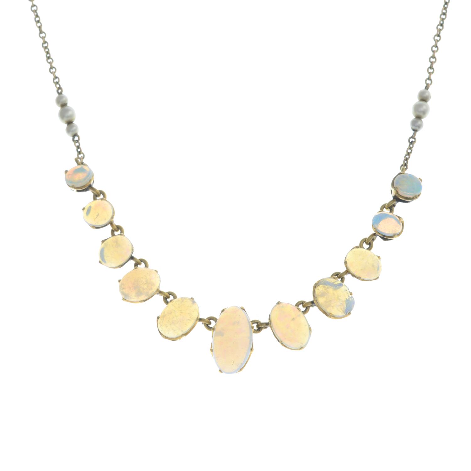 An opal and imitation pearl necklace, AF.Length 44cms.