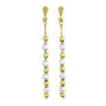 9ct gold cultured pearl and bead drop earrings, import marks for Birmingham, length 4.4cms, 2gms.