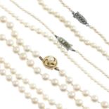 Four cultured pearl single-strand necklaces, one with 9ct gold clasp.Lengths 42 to 48cms.