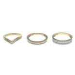 Three 9ct gold diamond rings.Estimated total diamond weight 1.20cts.