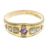 A late Victorian 15ct gold ruby and split pearl five-stone ring.Hallmarks for Birmingham,