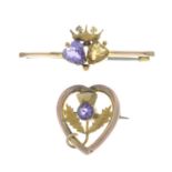 Early 20th century 9ct gold amethyst and citrine double-heart bar brooch,