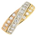 A diamond tri-colour interlocking band ring.Estimated total diamond weight 0.40ct,