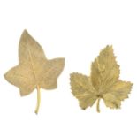 Two 9ct gold textured foliate brooches.Import marls for 9ct gold.