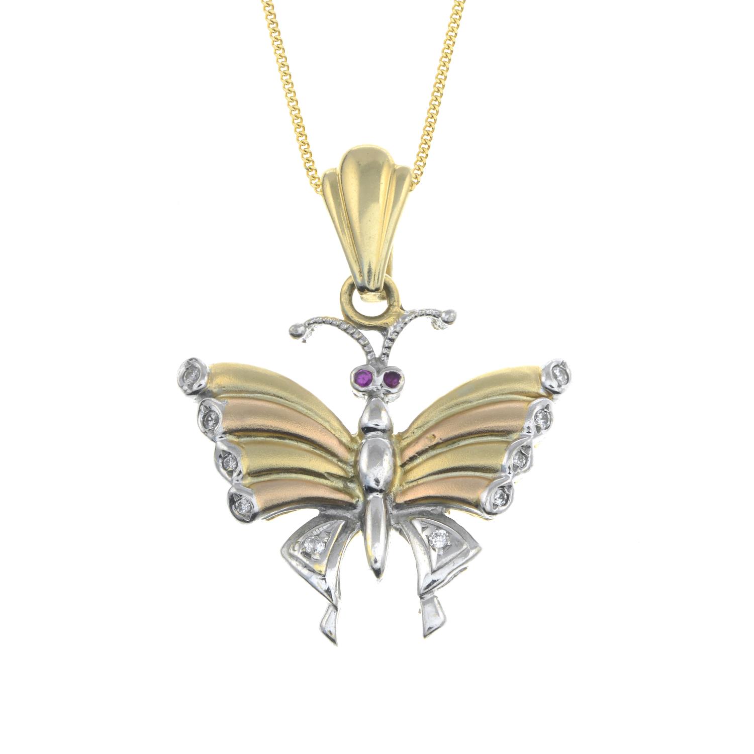 A ruby and cubic zirconia butterfly pendant, with 18ct gold chain.Pendant stamped 750.