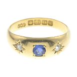 A sapphire and diamond three-stone ring,