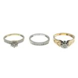 Three 9ct gold diamond rings.Estimated total diamond weight 0.50ct.