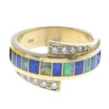 14ct gold opal doublet and diamonds crossover ring,