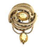 A late 19th century gold citrine brooch.Length 5.5cms.