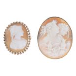 Early 20th century gold Eos & Nyx shell cameo brooch, stamped 9ct, length 5cms, 10gms.