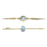 Two early 20th century 15ct gold aquamarine bar brooches.Stamped 15CT.