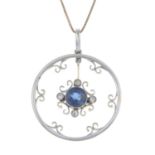 A sapphire and diamond pendant, with 9ct gold box-link chain.Chain with import marks for 9ct gold.