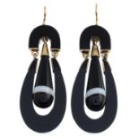 A pair of late Victorian gold mounted banded agate and onyx mourning earrings.Length 5.1cms.