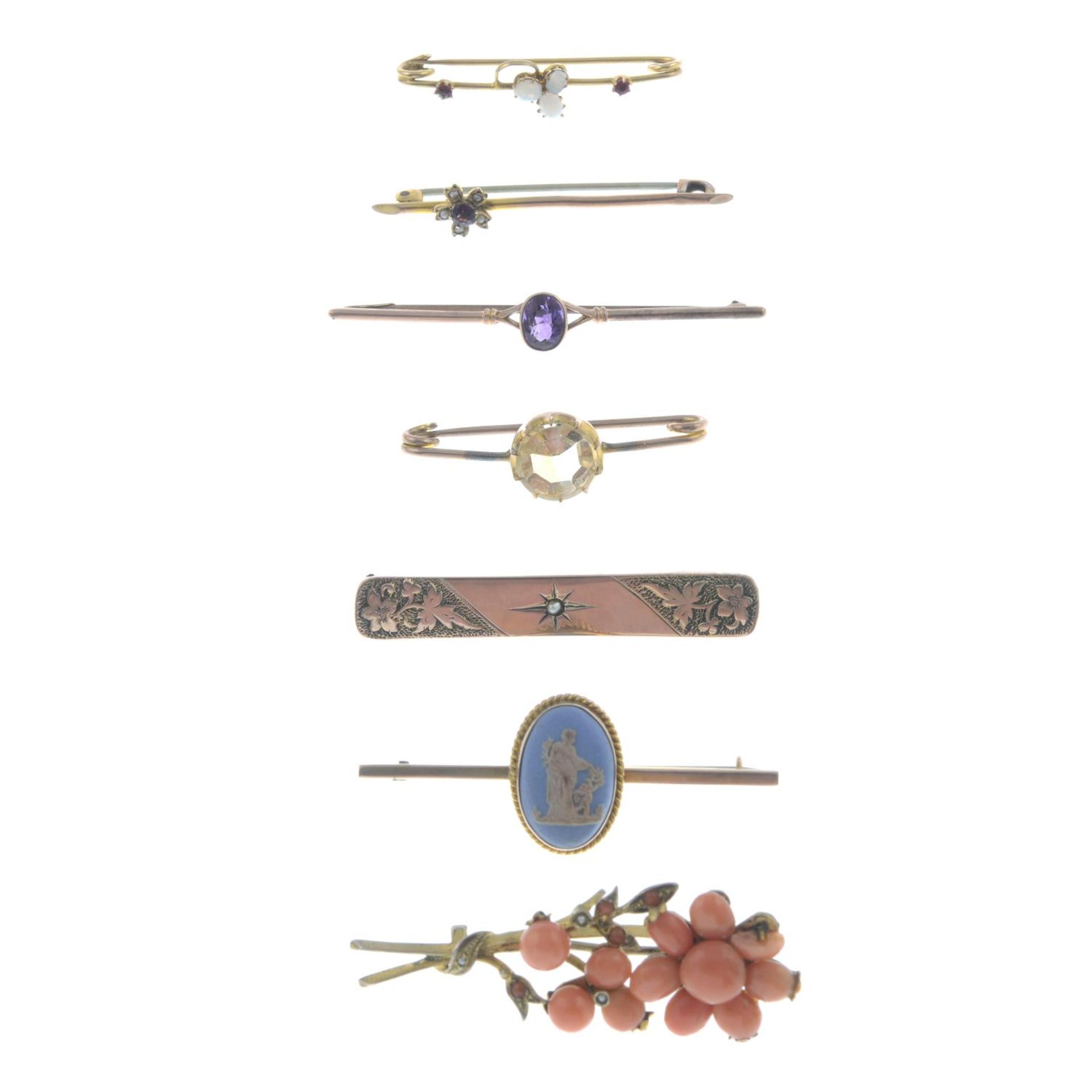 Seven late Victorian to early 20th century gem-set brooches.Three stamped 9ct. - Image 2 of 2