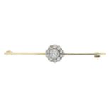 An early 20th century 9ct gold diamond bar brooch.Estimated total diamond weight 0.40ct,