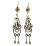 A pair of mid 19th century seed pearl and black enamel drop earrings,