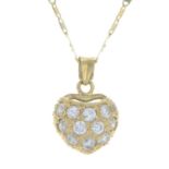 A cubic zirconia heart pendant, with chain.Pendant stamped 18K.