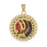 An enamel American liberty coin pendant.Length 3.5cms.