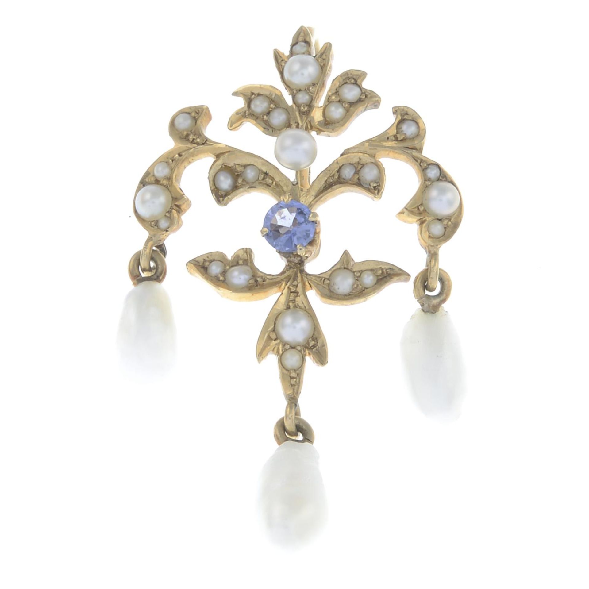 An early 20th century 14ct gold, sapphire, pearl and split pearl pendant.Stamped 14.