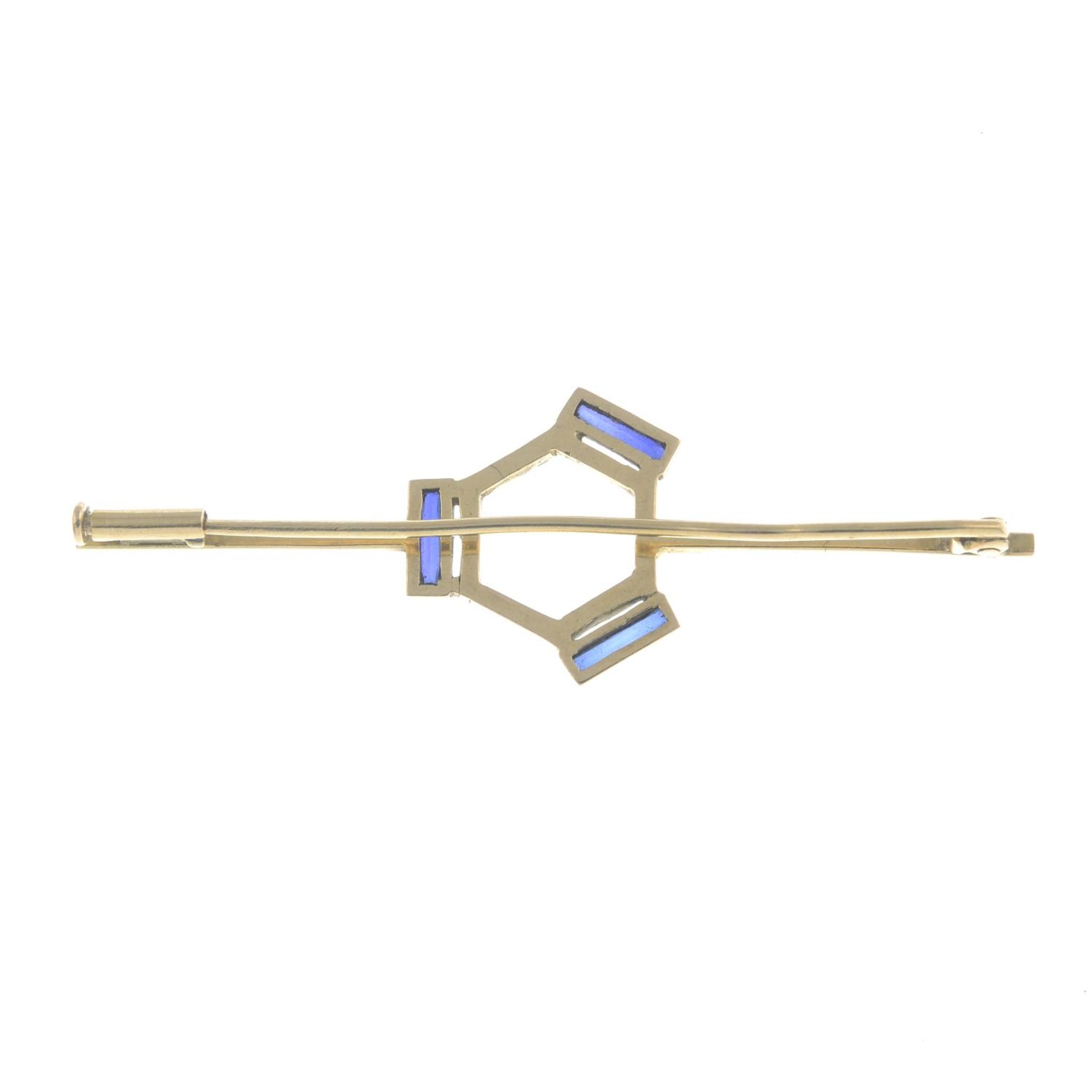 An Art Deco gold sapphire bar brooch.Length 5.3cms. - Image 2 of 2