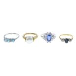Sapphire and diamond three-stone ring, stamped 18CT, ring size I1/2, 2.1gms.