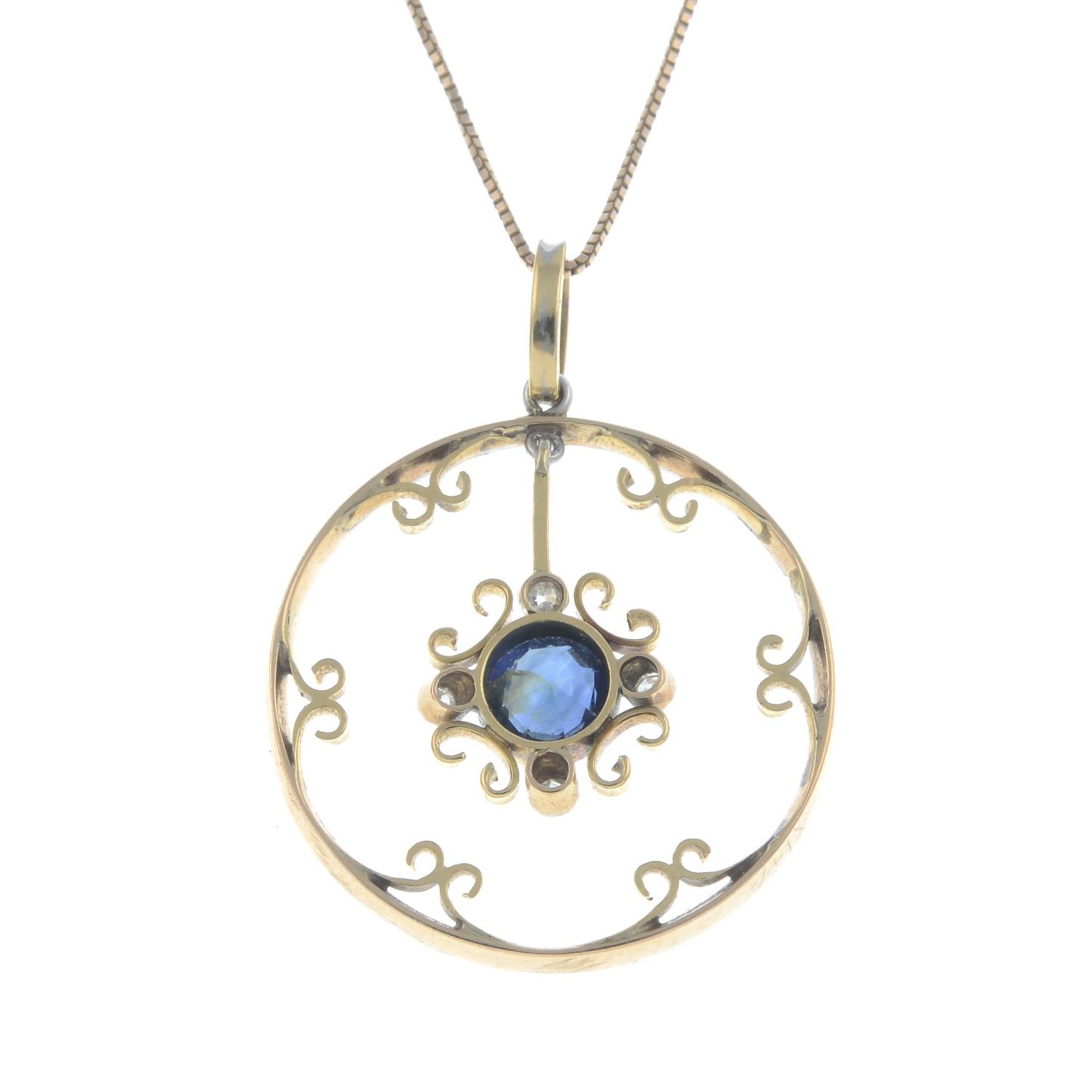 A sapphire and diamond pendant, with 9ct gold box-link chain.Chain with import marks for 9ct gold. - Image 2 of 2