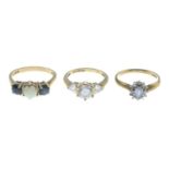 9ct gold opal and sapphire three-stone ring, hallmarks for 9ct gold, ring size N1/2, 2.9gms.