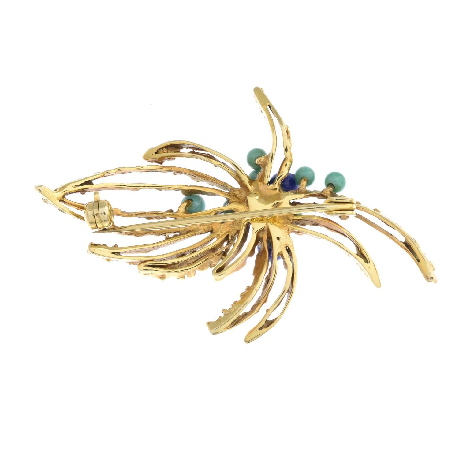 A 1960s 9ct gold amazonite and lapis lazuli bead textured brooch.Import marks for London, 1968. - Image 2 of 2