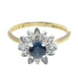 An 18ct gold sapphire and diamond floral cluster ring.Hallmarks for 18ct gold.