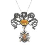 A citrine, topaz and diamond pendant, with chain.Length of pendant 5.5cms.