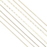 Four necklaces.One with hallmarks for 9ct gold, length 46cms, 1.8gms.