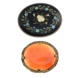 Nephrite, shell, turquoise and gem-set pietra dura brooch, length 5.8cms, total weight 25.5gms.