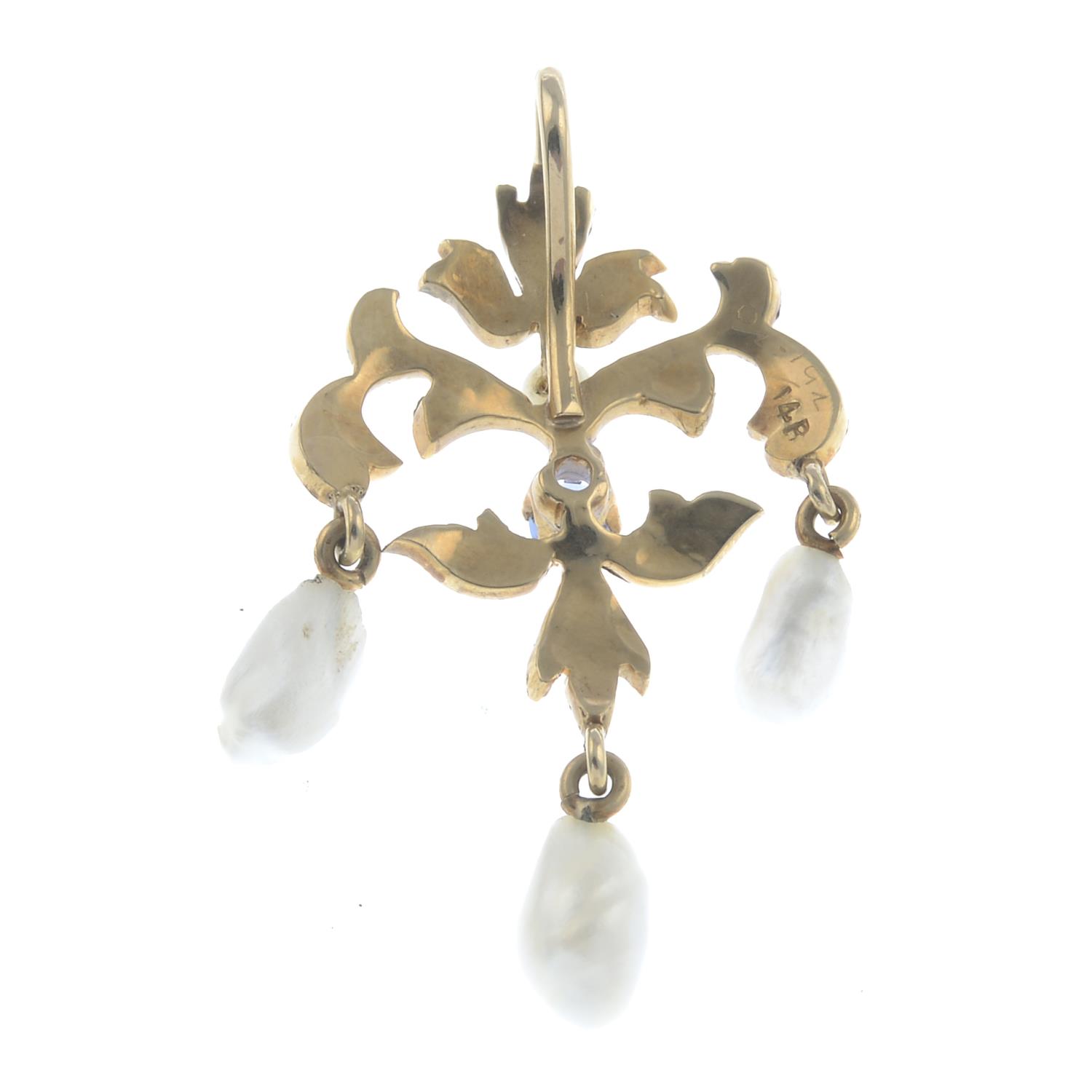 An early 20th century 14ct gold, sapphire, pearl and split pearl pendant.Stamped 14. - Image 2 of 2