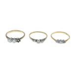Three 18ct and 9ct gold diamond rings.AF.