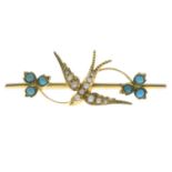 An early 20th century gold split pearl and turquoise bar brooch,