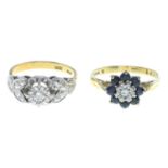 18ct gold diamond and sapphire ring, hallmarks for 18ct gold, ring size N1/2, 3.6gms.