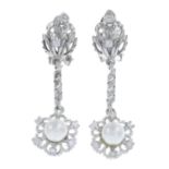 A pair of diamond and cultured pearl drop earrings.Estimated total diamond weight 0.55ct.
