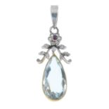 An early 20th century gold and platinum, aquamarine, ruby and diamond floral pendant.