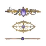 Edwardian 9ct gold amethyst and split pearl brooch,