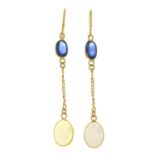 A pair of sapphire and opal drop earrings.Length 4.5cms.