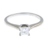 A platinum square-shape diamond single-stone ring.Diamond weight 0.38ct, I-J colour, SI clarity.